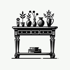 Console Table. Furniture Interior Decoration Cartoon Animal Clipart Line Art Vector Illustration. Entryway surface for living room foyer decor accent item.