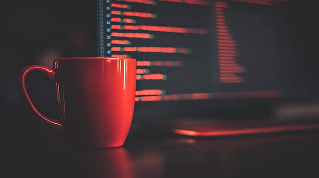 Red mug sitting on desk with computer code displayed on monitor in background