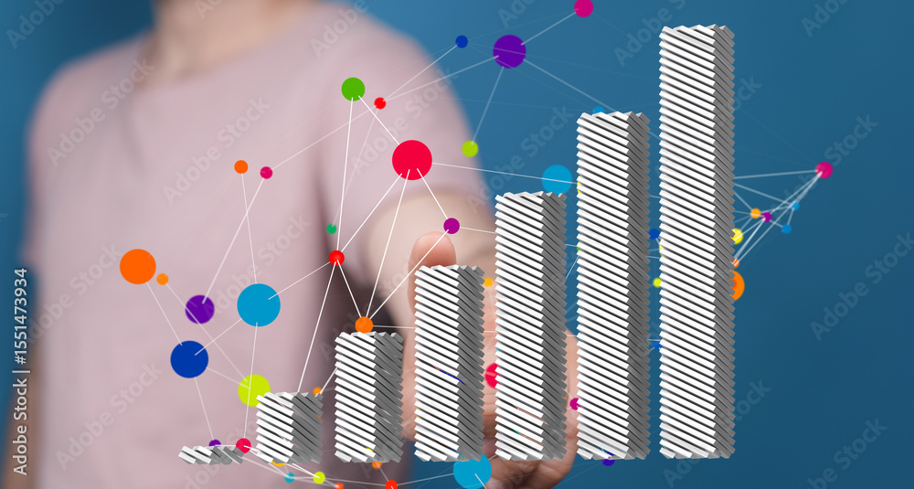 Poster stock photo of hand interacting with a 3d bar graph, showing business growth and data analysis.