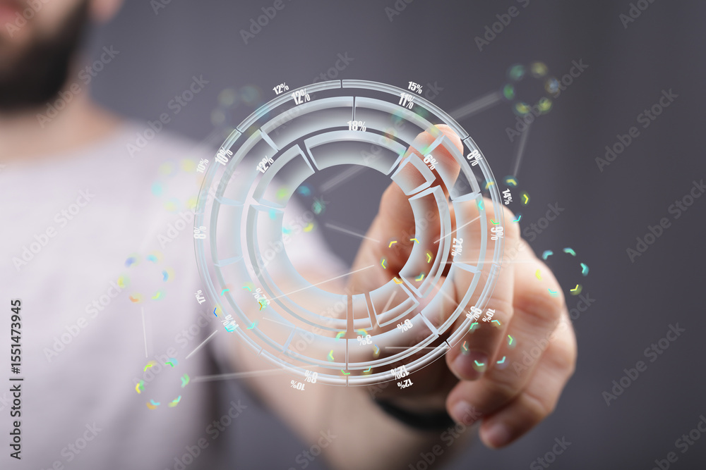 Poster A person interacts with a holographic display showing data analysis and infographics.