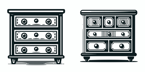 Chest of Drawers. Furniture Interior Decoration Cartoon Animal Clipart Line Art Vector Illustration. Storage unit with multiple drawers a tall cabinet for clothes and home goods.