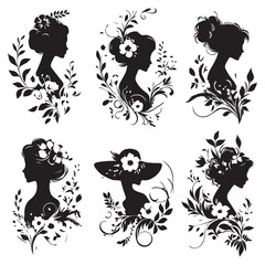 Fototapeta premium Elegant women silhouettes with floral designs white baground