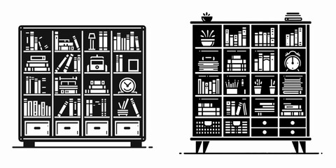 Bookcase. Furniture Interior Decoration Cartoon Animal Clipart Line Art Vector Illustration. Shelving unit for storing reading material organization room decor.