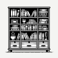Bookshelf. Furniture Interior Decoration Cartoon Animal Clipart Line Art Vector Illustration. Storage furniture home decor reading nook room interior library fixture.