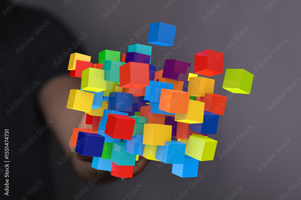 Poster abstract image of colorful cubes symbolizing innovation, creativity, and technology.