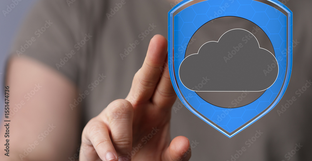 Aufkleber Image depicts hand interacting with a digital shield protecting a cloud, symbolizing secure cloud data.