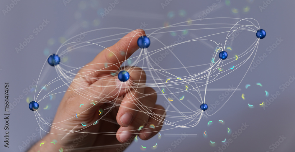 Poster Abstract image of a hand interacting with a digital network. Represents global connectivity, data flow, and technology.