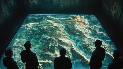 Team Observing Interactive 3D Terrain Map in Modern Conference Room