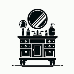 Bathroom Vanity. Furniture Interior Decoration Cartoon Animal Clipart Line Art Vector Illustration. Bath fixture washstand for lavatory remodeling and house renovation.