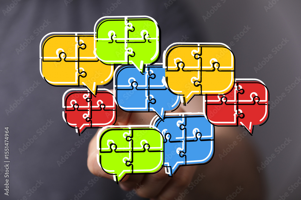 Aufkleber illustrates teamwork, problem-solving, and communication through puzzle pieces in speech bubbles.