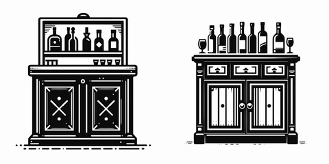 Bar Cabinet. Furniture Interior Decoration Cartoon Animal Clipart Line Art Vector Illustration. Home mini-bar furniture liquor display stand beverage storage unit saloon piece.