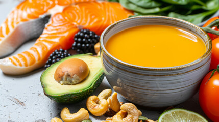 Keto diet bone broth with avocado, lime, tomatoes, and cashews, concept for healthy eating