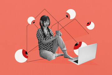 Pop art full zine photo collage of puzzled girl sit laptop hold coffee cup cyberbully eyeball...