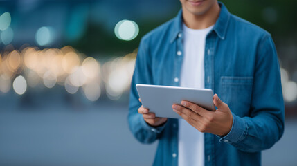 Casual Denim Style: Young Man Using Tablet Outdoors