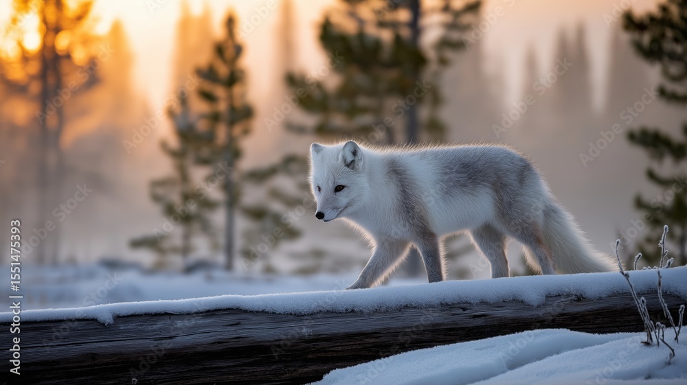 Poster an arctic fox moves steadily along a log in a snowy environment as the sun rises in the background.