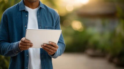 Young man using tablet at outdoor table in casual denim outfit