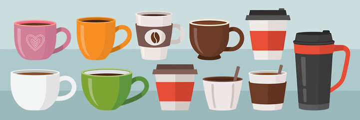 Obraz premium A Flat Design Illustration Showcasing a Variety of Coffee Cups and Mugs