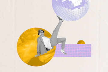 Poster image vertical photo collage of happy old man dance retro dico ball celebration event chill...