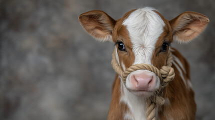 Young Brown and White Calf with Rope Halter Against Gray Background