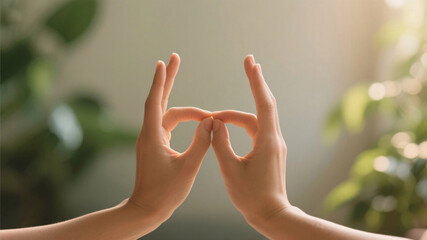 Hands resting in Gyan mudra on knees during calm yoga practice, detail symbolizing awareness, focus, and spiritual healing