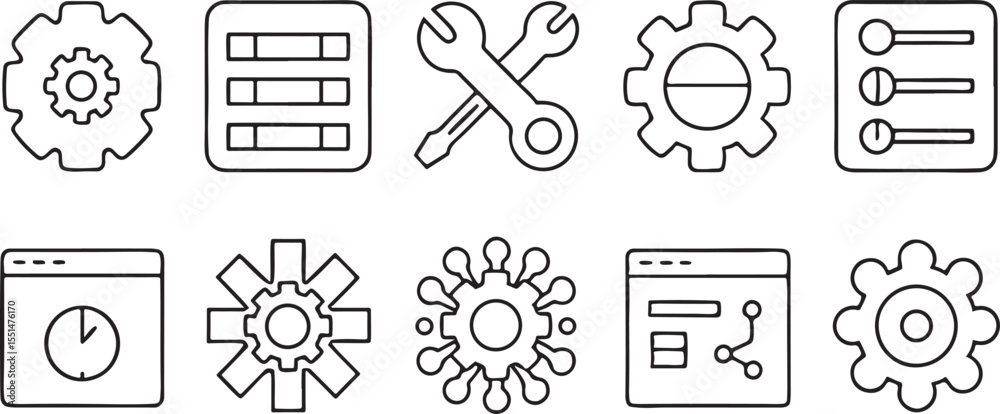 Poster settings and configuration icon set minimalist black line icons for tech app preferences ui