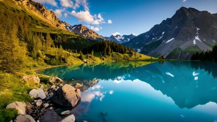 Scenic view of a turquoise lake reflecting snow-capped mountains and lush green forest under a bright blue sky in a mountain landscape - Powered by Adobe