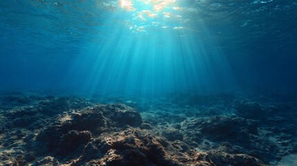 Fototapeta premium Underwater ocean view with beautiful seabed, sunlight beams penetrating through clear blue water, illuminating sand, rocks, coral reef, marine plants. Peaceful aquatic landscape with natural ecosystem