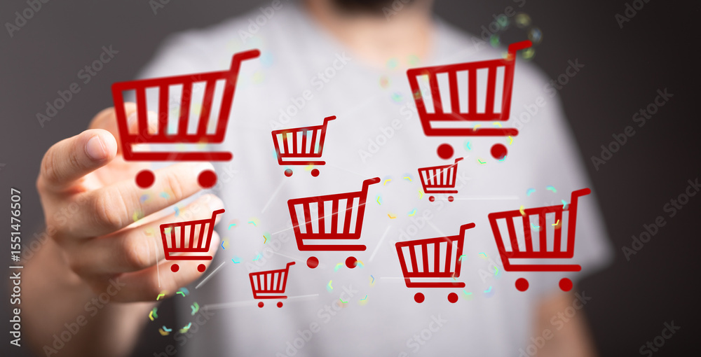 Aufkleber image of a person interacting with multiple shopping cart icons, representing online shopping and e-
