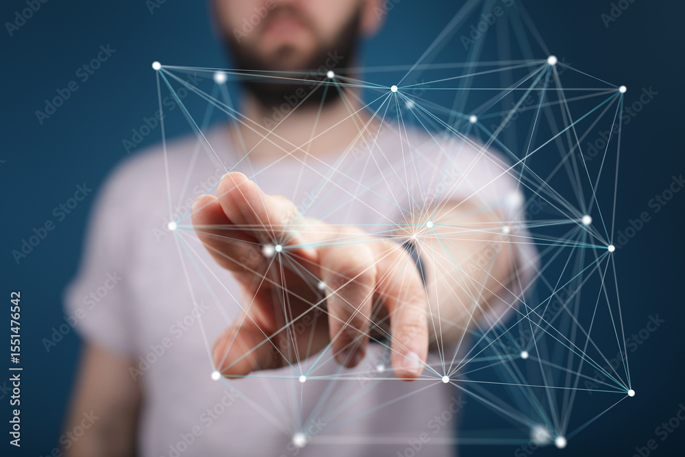 Poster close-up of a man's hand interacting with a digital network, showcasing connectivity and technology.