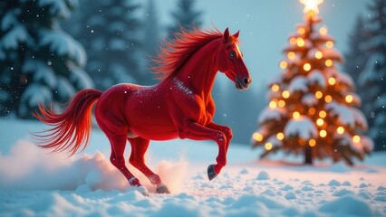 red horse galloping through snowy forest with christmas tree. happy new year postcard
