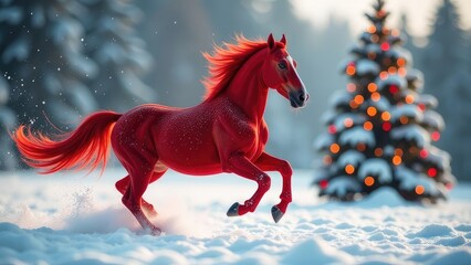 red horse galloping through snowy forest with christmas tree. happy new year postcard