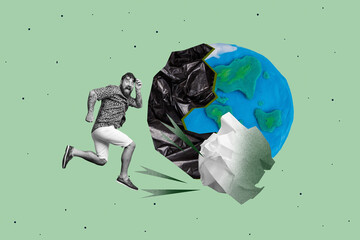 Creative pop poster sketch collage of happy girl guy stand save earth protection rubbish half globe bag plastic pollution crumpled paper