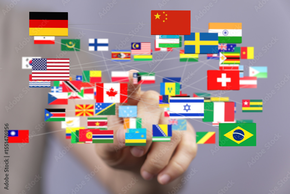 Poster image of interconnected world flags, symbolizing global communication and collaboration.