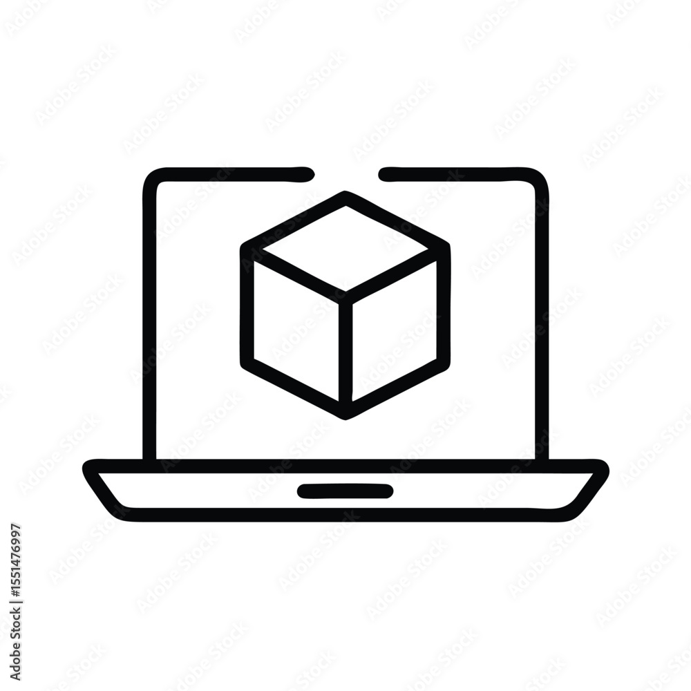 Fototapete Laptop computer displaying cube for cad design 3d modeling and product visualization on screen vector icon