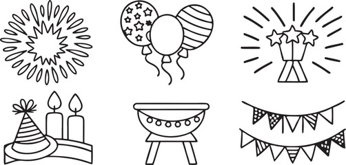 4th of July Celebration Vector Set with Fireworks Flags BBQ Grill Balloons and Liberty Elements