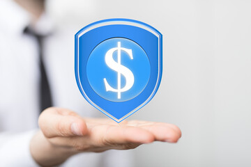 Image of a hand holding a digital shield with a dollar sign, symbolizing financial security and...