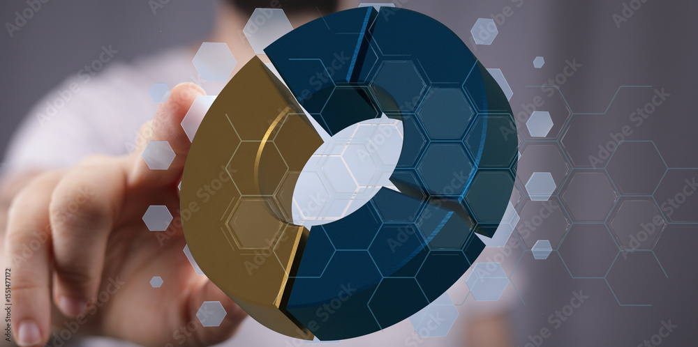 Poster Business analytics concept.  Person interacts with a 3D pie chart graphic showing data insights.
