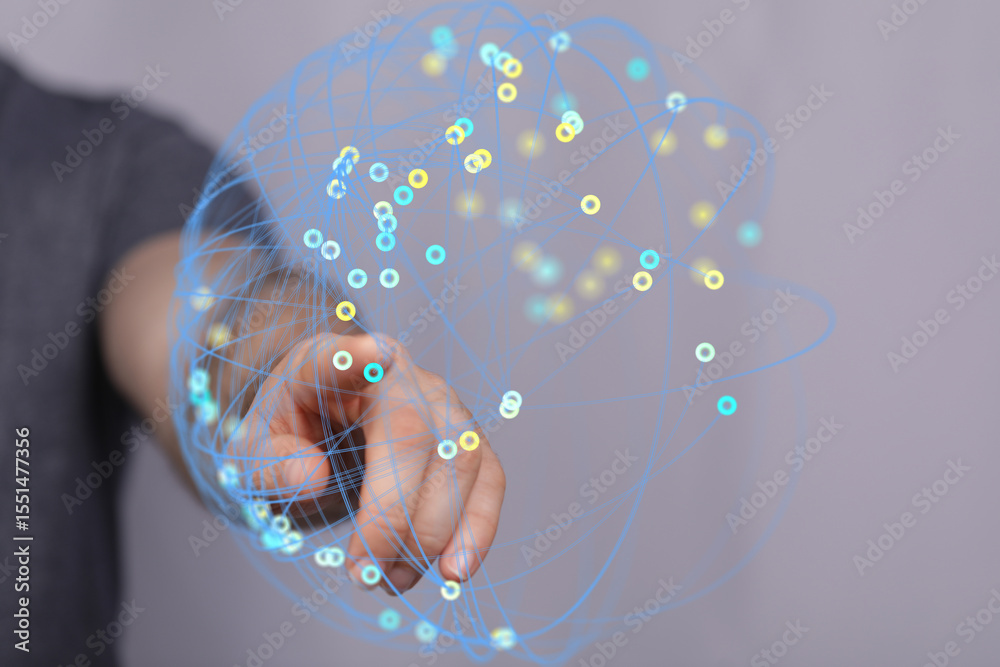 Poster Abstract image of hand interacting with a digital global network. Perfect for technology, connection, and communication concepts.
