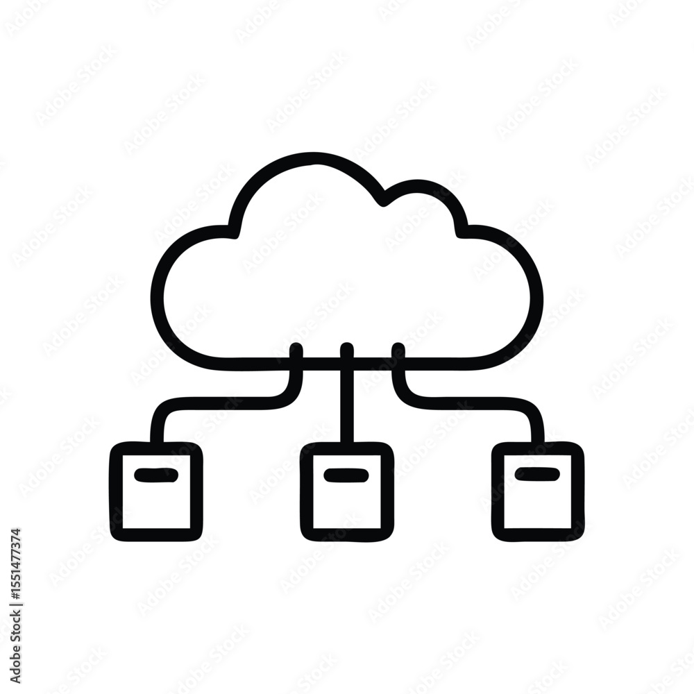 Poster cloud computing network diagram showing a cloud connected to three servers in a simple line drawing