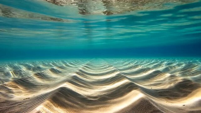 Underwater Sandy Seabed with Ripples and Sunlight Creates a Tranquil Blue Ocean Scene with Textured Patterns Ideal for Adobe Stock