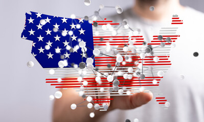 Stock photo of a hand interacting with a digital map of the USA, highlighting network connections...