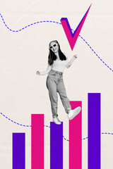 Exclusive vertical photo collage of happy businesswoman stand chart development checkmark approval...