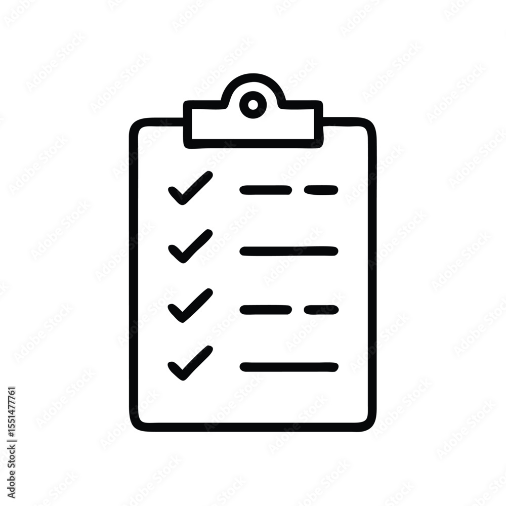 Poster black outline of a clipboard with check marks and lines representing text on a white background imag