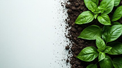 Fresh basil seedlings growing in soil