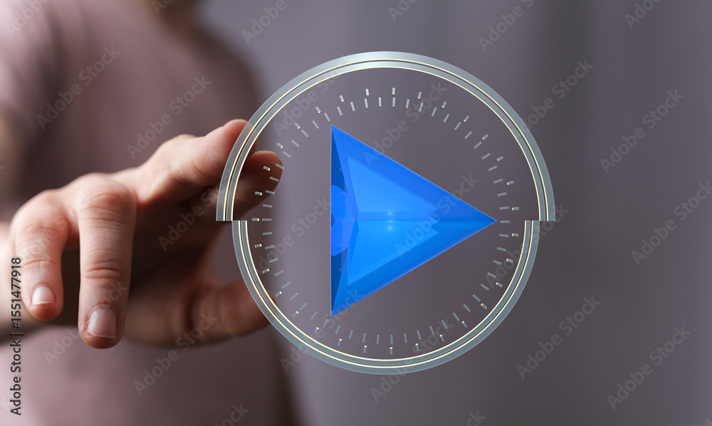 Poster person interacts with a digital play button. modern technology concept.