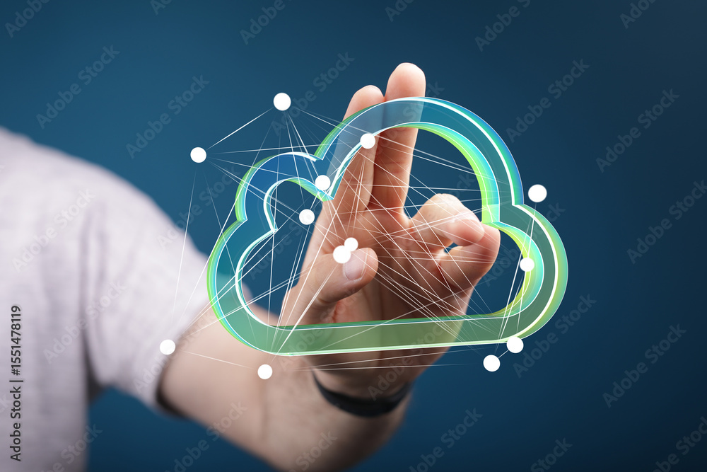 Poster person interacts with a digital cloud, symbolizing data storage, access, and network connectivity.