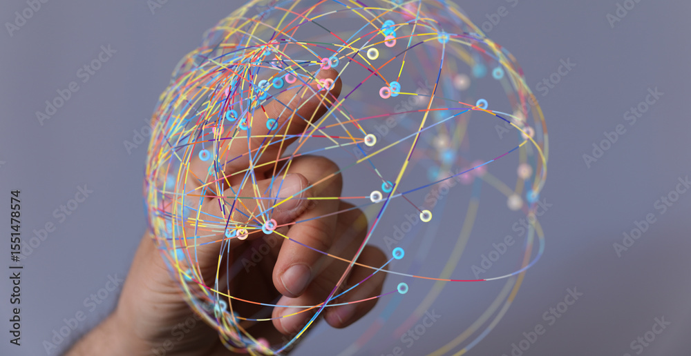 Poster Abstract image of a hand interacting with a colorful global network, representing connection and technology.
