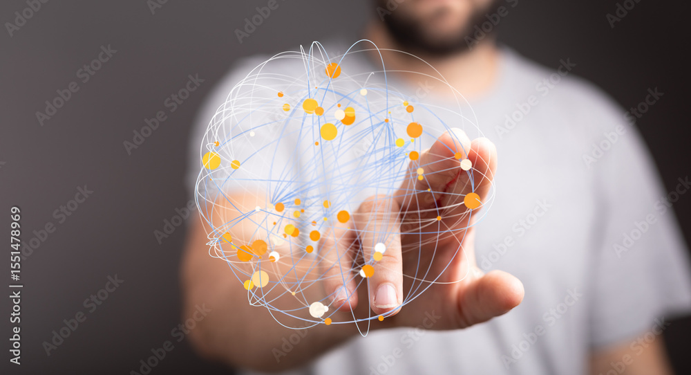 Poster A man interacts with a digital network, representing global connections and data flow.