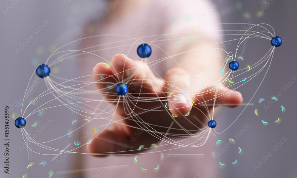 Poster hand reaching out to connect global network. digital technology, communication, internet.