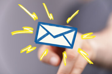 Bright, eye-catching image of a finger interacting with a drawn email icon, signifying new message...